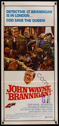 9j639 BRANNIGAN Aust daybill '75 Douglas Hickox, great art of fighting John Wayne in England!