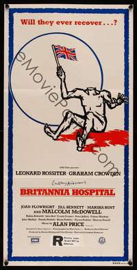 9j644 BRITANNIA HOSPITAL Aust daybill '82 Lindsay Anderson, wild art of headless man with flag!