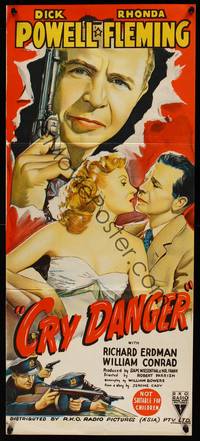 9j678 CRY DANGER Aust daybill '51 great film noir stone litho art of Dick Powell & Rhonda Fleming!