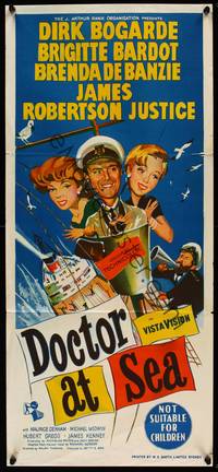 9j696 DOCTOR AT SEA Aust daybill '56 art of sailor Dirk Bogarde & sexy Brigitte Bardot!