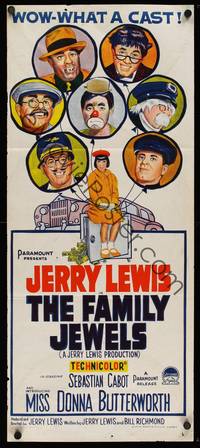 9j710 FAMILY JEWELS Aust daybill '65 Jerry Lewis is seven times nuttier in seven roles, wacky art!