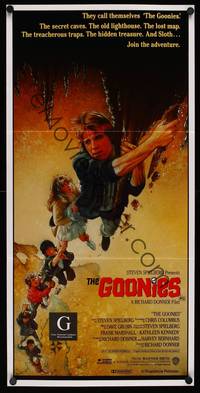 9j741 GOONIES Aust daybill '85 Josh Brolin, teen adventure classic, Drew Struzan art!
