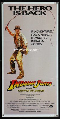 9j768 INDIANA JONES & THE TEMPLE OF DOOM Hero is Back style Aust daybill '84 art of Harrison Ford, the hero is back!