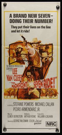 9j809 MAGNIFICENT SEVEN RIDE Aust daybill '72 art of cowboy Lee Van Cleef firing six-shooter!