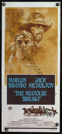 9j823 MISSOURI BREAKS Aust daybill '76 art of Marlon Brando & Jack Nicholson by Bob Peak!