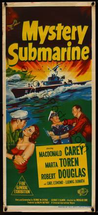 9j830 MYSTERY SUBMARINE Aust daybill '51 Macdonald Carey, cool U-boat artwork!