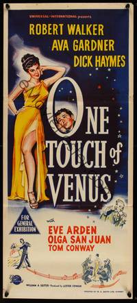 9j844 ONE TOUCH OF VENUS Aust daybill '48 sexy Ava Gardner, Robert Walker, great full-length art!