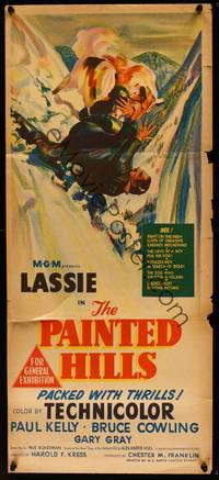 9j847 PAINTED HILLS Aust daybill '51 wonderful artwork of Lassie, saving man falling from cliff!
