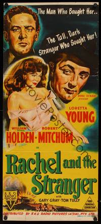 9j862 RACHEL & THE STRANGER Aust daybill '48 William Holden, Robert Mitchum, sexy Loretta Young!