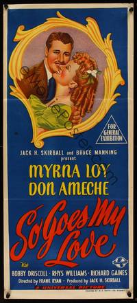 9j912 SO GOES MY LOVE Aust daybill '46 romantic art of Myrna Loy & Don Ameche!