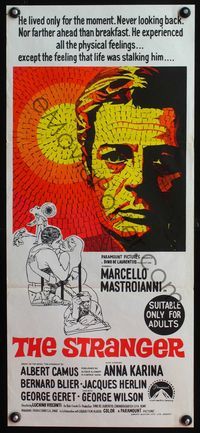 9j930 STRANGER Aust daybill '68 Luchino Visconti's Lo Straniero, cool art of Mastroianni!