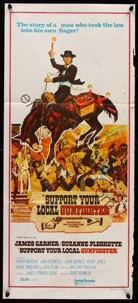 9j937 SUPPORT YOUR LOCAL GUNFIGHTER Aust daybill '71 wacky art of cowboy James Garner on donkey!
