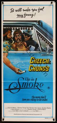 9j964 UP IN SMOKE Aust daybill '78 Cheech & Chong marijuana drug classic, great Scakisbrick art!
