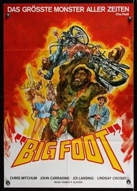 9j153 BIGFOOT German '71 wild artwork of hairy monster tossing motorcycle!
