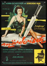 9j303 HOMICIDAL German '61 William Castle, cool art of terrified lady & giant knife!