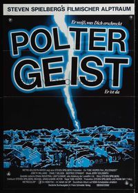 9j382 POLTERGEIST blue German '82 Tobe Hooper, cool art of lightning striking suburbs!