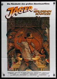 9j392 RAIDERS OF THE LOST ARK German R82 great art of Harrison Ford w/ whip by Richard Amsel!