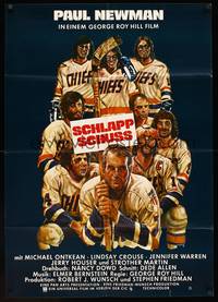 9j412 SLAP SHOT German '77 great wacky art of Paul Newman & battered hockey team!