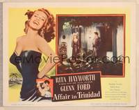 9k152 AFFAIR IN TRINIDAD LC '52 Rita Hayworth & Glenn Ford stare at each other from ajoining rooms!