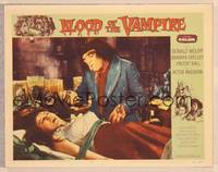 9k177 BLOOD OF THE VAMPIRE LC #6 '58 close up of deformed man leaning over beautiful girl on table!