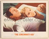 9k194 CINCINNATI KID LC #3 '65 close up of pro poker player Steve McQueen in bed with Tuesday Weld
