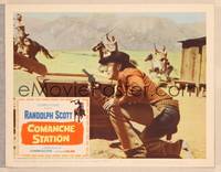 9k201 COMANCHE STATION LC #8 '60 Randolph Scott with gun crouching for cover, Budd Boetticher