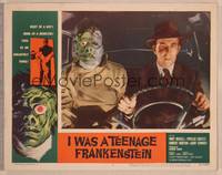 9k285 I WAS A TEENAGE FRANKENSTEIN LC #7 '57 close up of wacky monster with Whit Bissell in car!