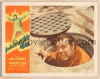 9k289 INDESTRUCTIBLE MAN LC '56 close up of crazy Lon Chaney Jr. emerging from manhole!