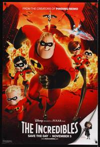 9m296 INCREDIBLES family style teaser DS 1sh '04 Disney/Pixar animated superhero family!