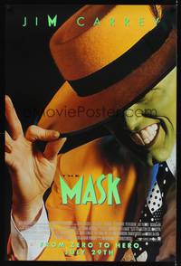 9m387 MASK advance 1sh '94 great super close up of wacky Jim Carrey in full make-up!