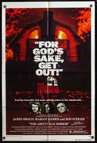 9p036 AMITYVILLE HORROR 1sh '79 AIP, great image of haunted house, for God's sake get out!