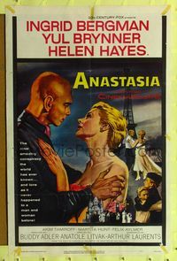 9p037 ANASTASIA 1sh '56 great romantic close up of Ingrid Bergman & Yul Brynner!