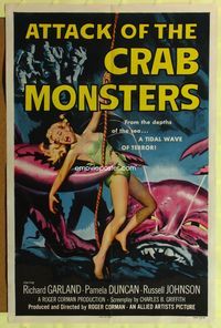 9p001 ATTACK OF THE CRAB MONSTERS 1sh '57 Roger Corman, great art of Pamela Duncan being attacked!