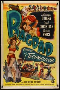 9p062 BAGDAD 1sh '50 art of Maureen O'Hara in sexiest harem outfit + Vincent Price!