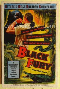 9p088 BLACK FURY 1sh '53 Nature's most dreaded swampland, art of bear attack!