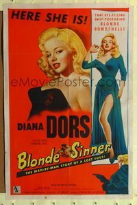 9p094 BLONDE SINNER 1sh '56 3 images of sexy bad girl Diana Dors full-length, close up & with gun!