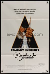 9p156 CLOCKWORK ORANGE 1sh '73 Stanley Kubrick classic, Philip Castle art of Malcolm McDowell!