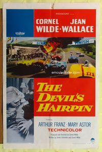 9p199 DEVIL'S HAIRPIN 1sh '57 Cornel Wilde, Jean Wallace, great car racing art!