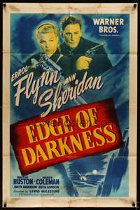 9p216 EDGE OF DARKNESS 1sh '42 great image of Errol Flynn & Ann Sheridan, both pointing guns!