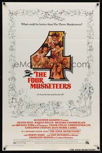 9p266 FOUR MUSKETEERS 1sh '75 Raquel Welch, Oliver Reed, great wacky Jack Rickard art!