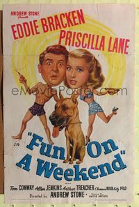 9p280 FUN ON A WEEKEND 1sh '47 wacky art of Eddie Bracken, Priscilla Lane, & Great Dane!