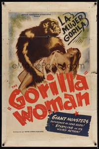 9p306 GORILLA WOMAN 1sh '40s wonderful art of giant African ape holding sexy near-naked babe!