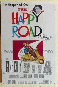 9p327 HAPPY ROAD 1sh '57 romantic art of Gene Kelly & Barbara Laage riding on Vespa!