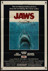 9p366 JAWS 1sh '75 artwork of Steven Spielberg's classic man-eating shark attacking sexy swimmer!