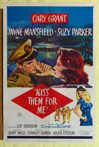 9p386 KISS THEM FOR ME 1sh '57 romantic art of Cary Grant & Suzy Parker, + sexy Jayne Mansfield!