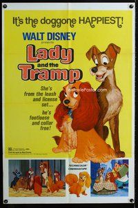 9p394 LADY & THE TRAMP 1sh R72 Walt Disney romantic canine dog classic cartoon!