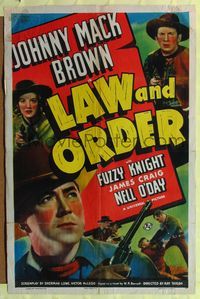 9p411 LAW & ORDER 1sh '40 Johnny Mack Brown, Fuzzy Knight, western action art!