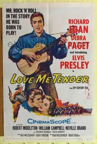 9p454 LOVE ME TENDER 1sh '56 1st Elvis Presley, great images with Debra Paget & with guitar!