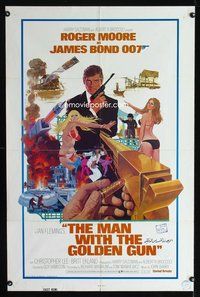9p479 MAN WITH THE GOLDEN GUN east hemi 1sh '74 art of Roger Moore as James Bond by Robert McGinnis