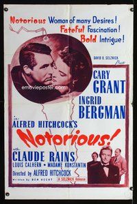 9p565 NOTORIOUS style 1 1sh R60s Cary Grant, Ingrid Bergman, fateful fascination, bold intrigue!